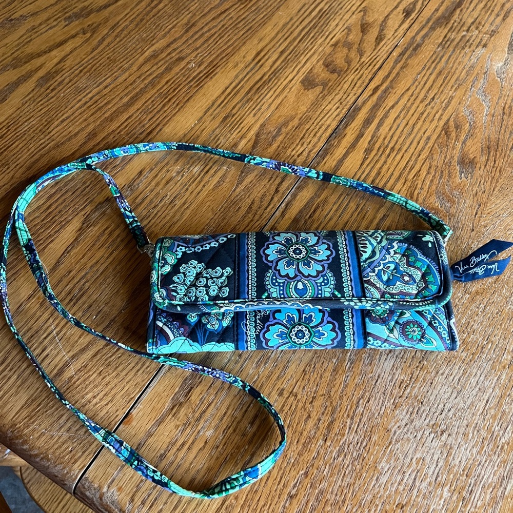 Vera Bradley Teal and Navy Floral Quilted Crossbody Wallet